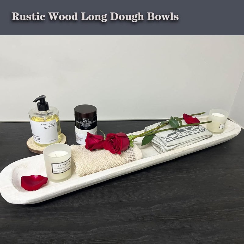 BEDAZE Wooden Dough Bowls Decorative，Rustic Bread Long Bowls Decor Wood Tray, Hand Carved for Table Centerpiece Decor, Home Decor (30 * 6 * 2inch White) - Image 4